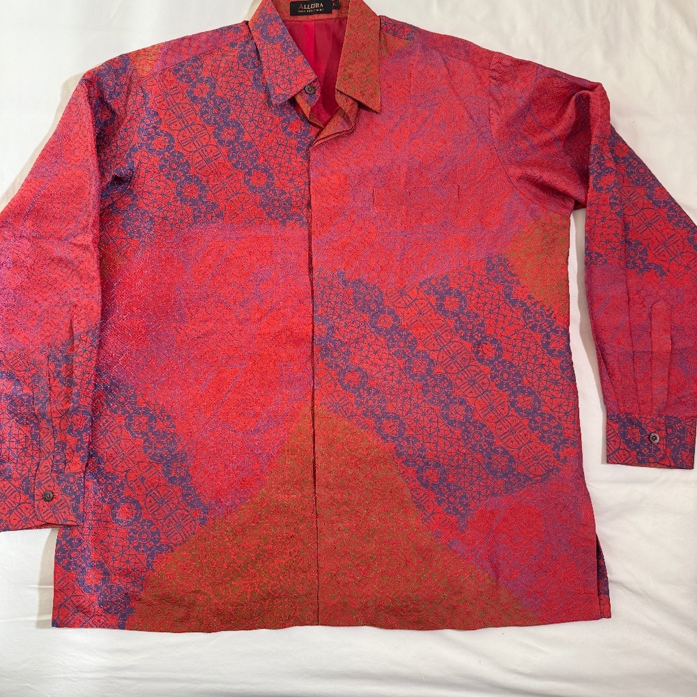 Alleira 100% Silk Tunic Shirt | Men’s XL | Hidden Placket | Fully Lined Red Silk